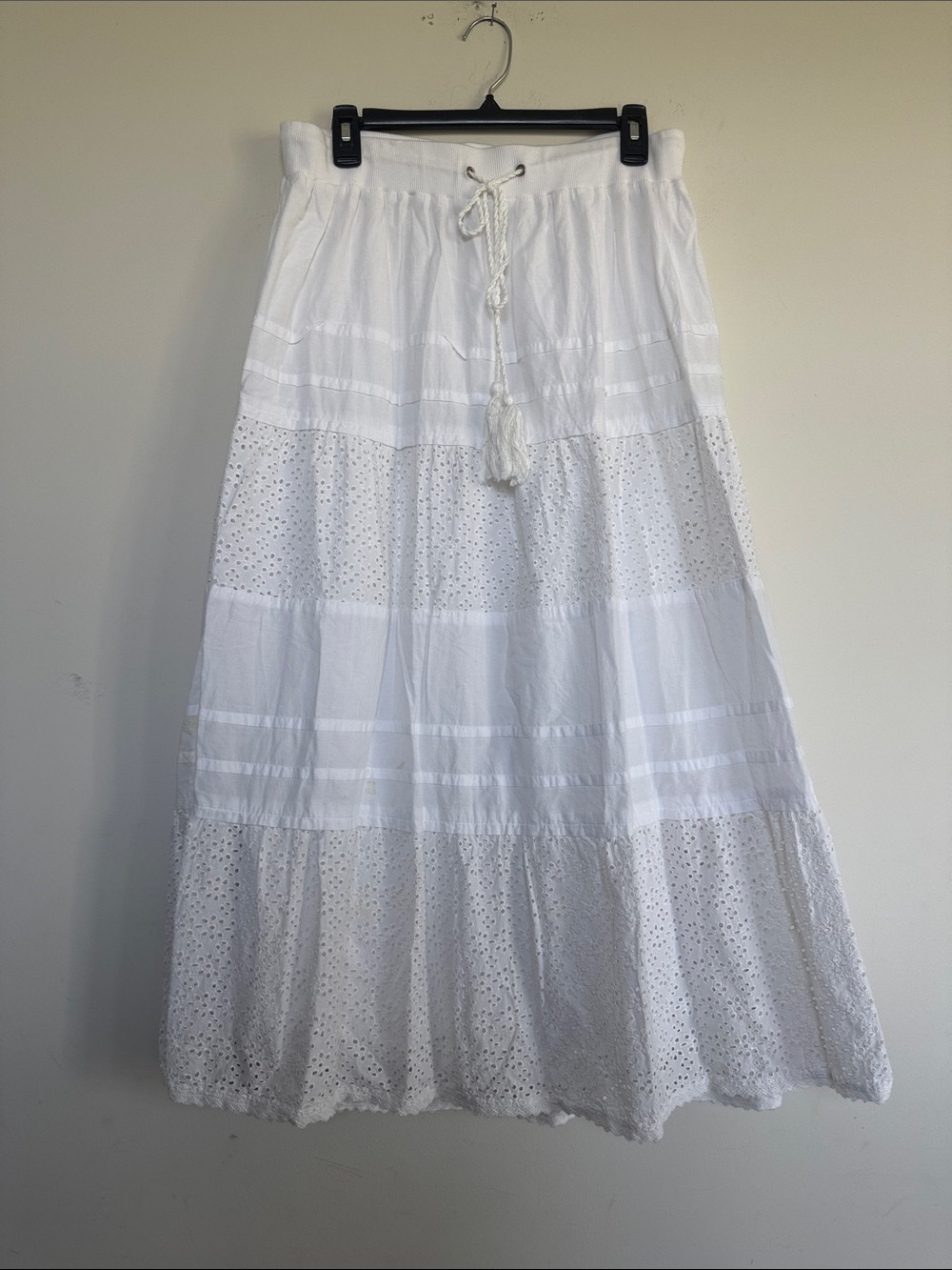 Jessica London White Tiered Eyelet Maxi Skirt with Tassel Drawstring - Picture 2 of 5